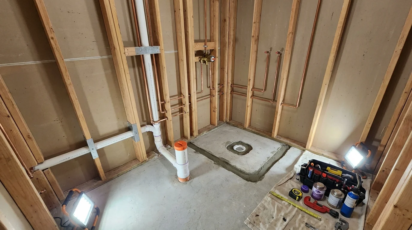 Bathroom rough-in plumbing during remodel by Johns Plumbing LLC in Oologah