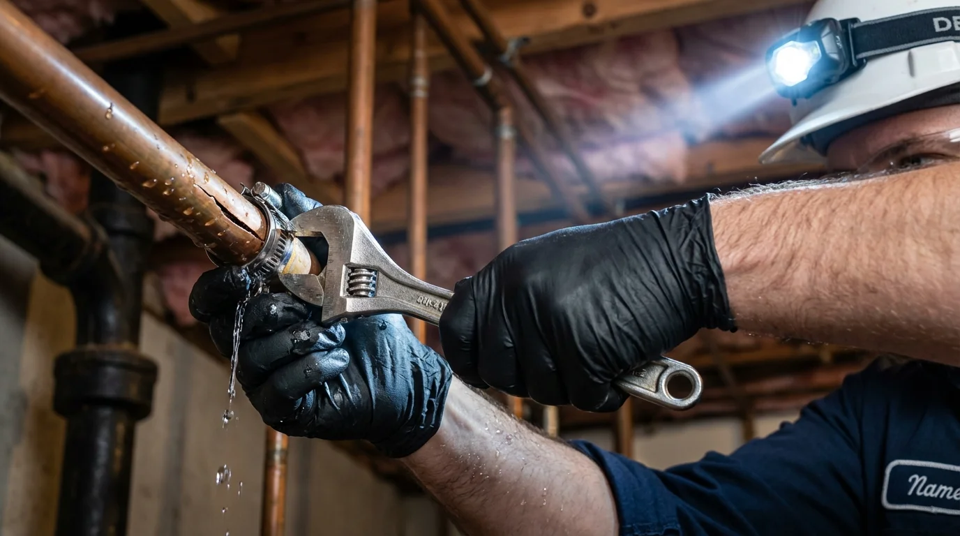 Emergency pipe clamp repair being performed by a Johns Plumbing LLC plumber in Oologah