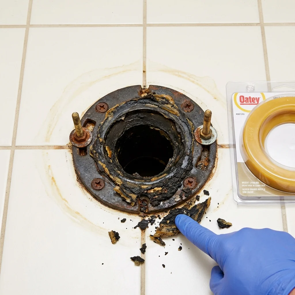 Failed wax ring showing water seepage at the base of a toilet in a Oologah, OK home