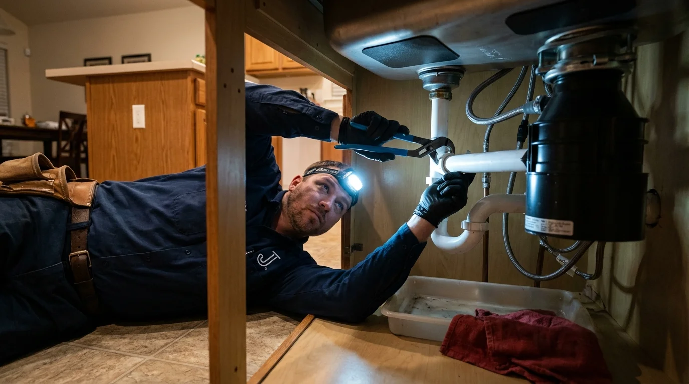 P-trap and supply line connections under a kitchen sink showing a common leak point in Oologah, OK